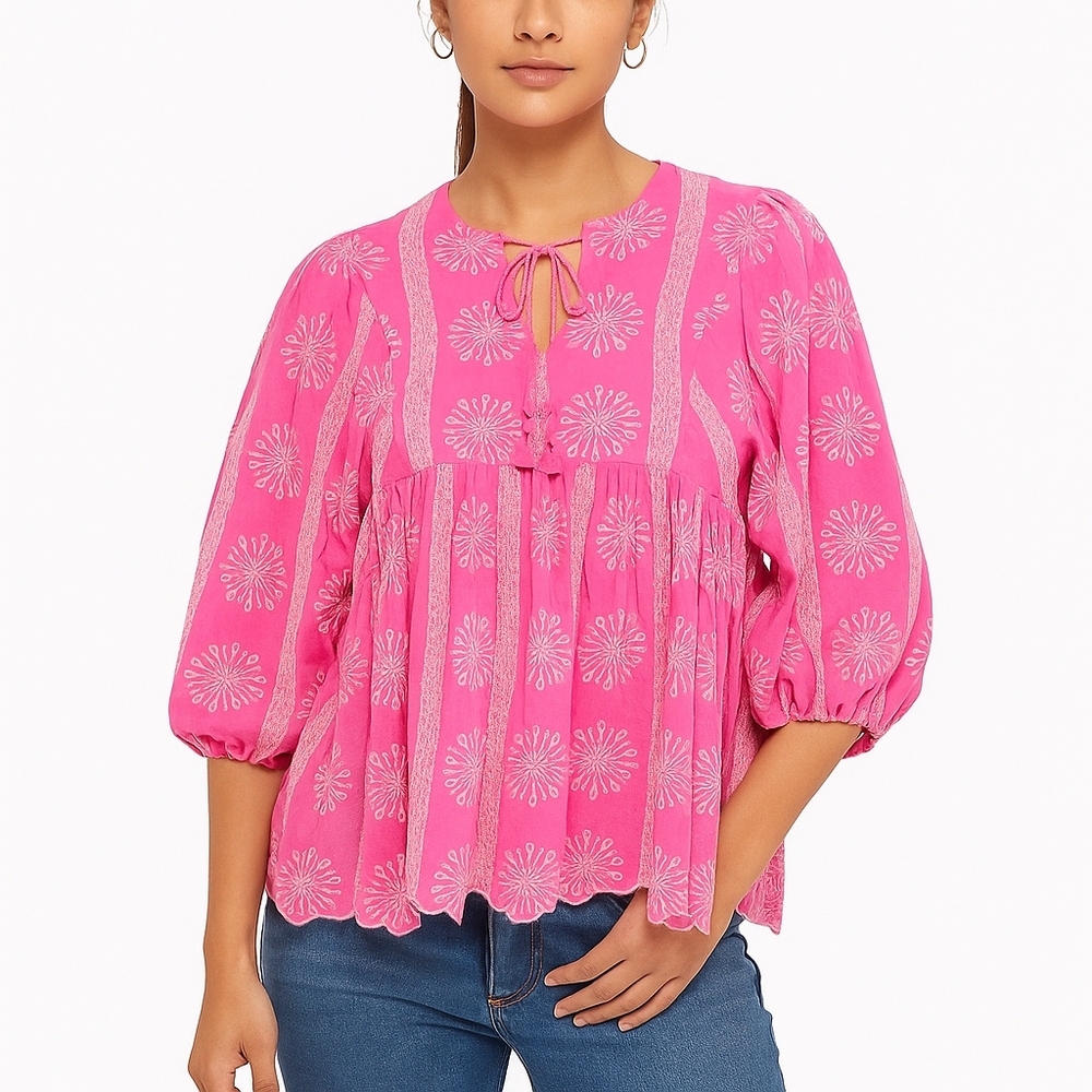 Entro Women's Eyelet Peplum Top Long Bell Sleeves Coquette Fairy Cottagecore Sm
